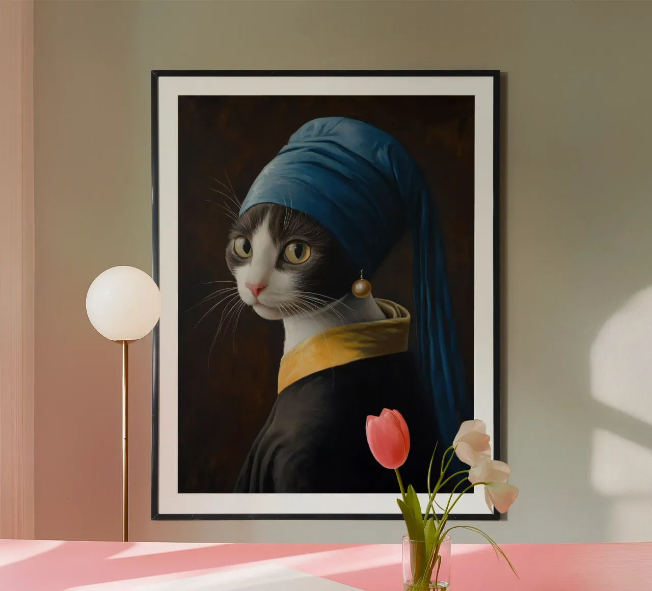 Gatto con l'orecchino di perla poster con telaio in alluminio da Art Center