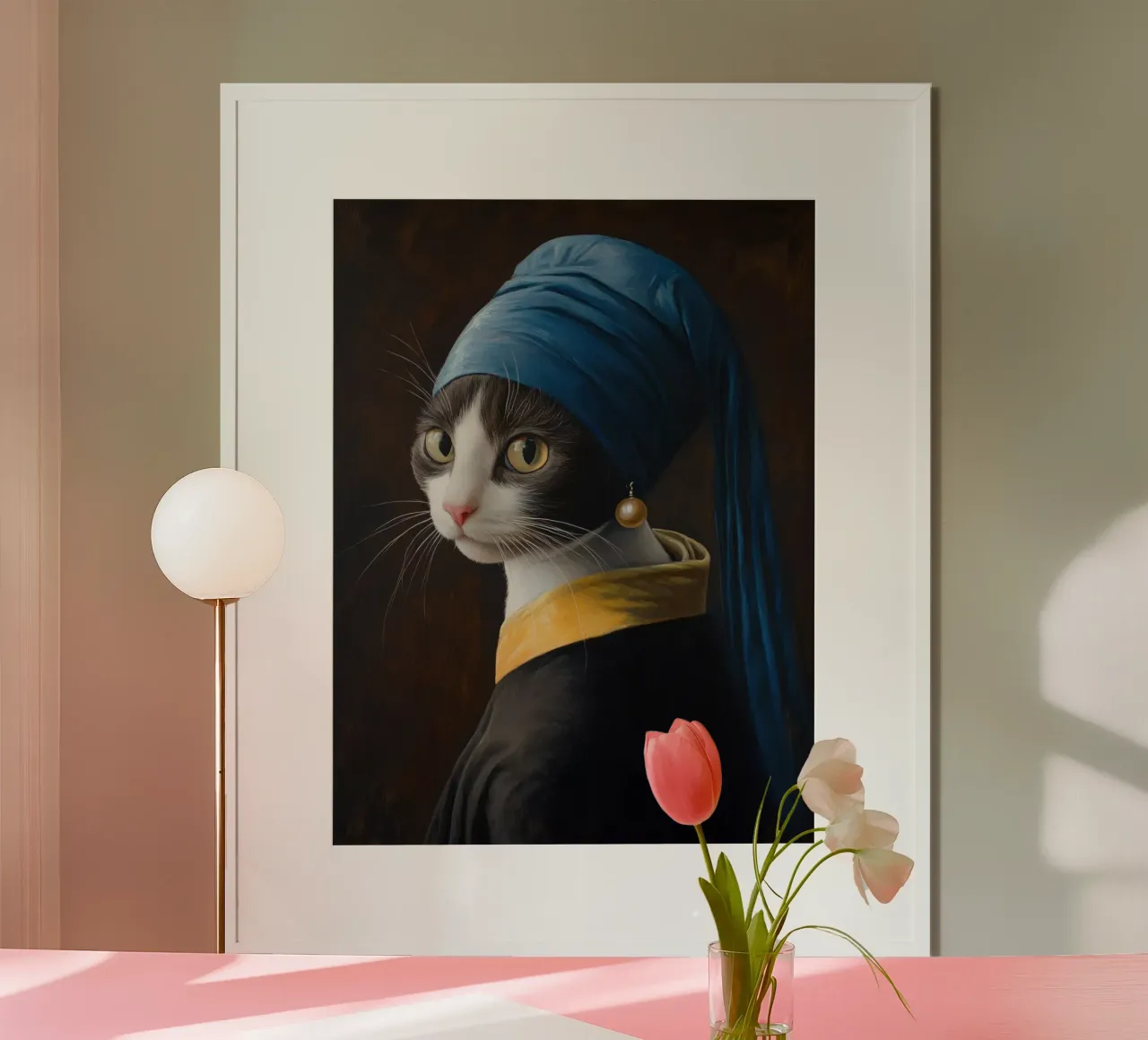 Gatto con l'orecchino di perla poster con telaio in alluminio da Art Center