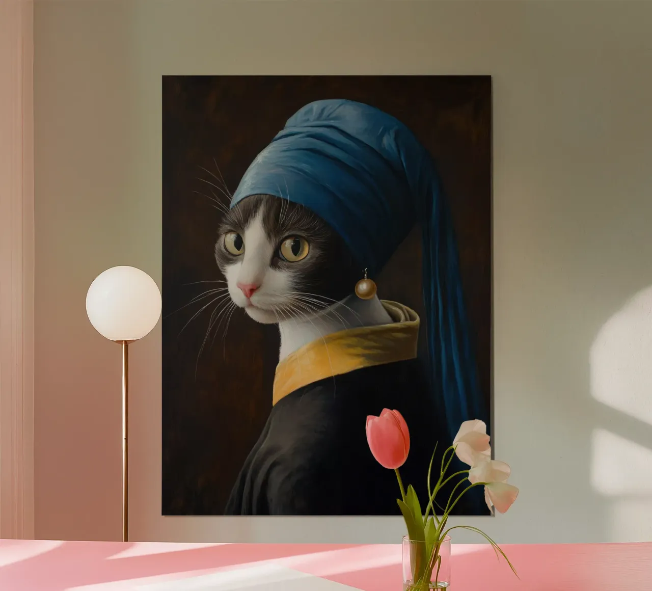 Gatto con l'orecchino di perla poster con telaio in alluminio da Art Center