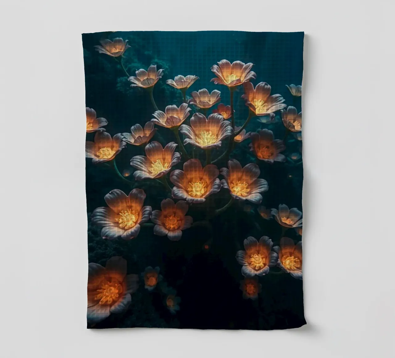 Fleurs lumineuses enchantées : L'éclat éthéré d'un jardin de haute mer torchon de Artistic-shop