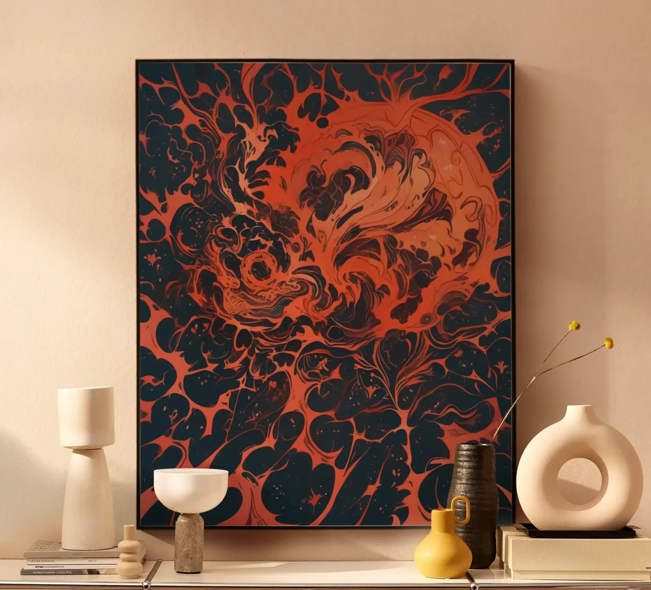 Eternal Sunburst: Un'esplosione astratta di cremisi e oro alluminio dibond da Artistic-shop