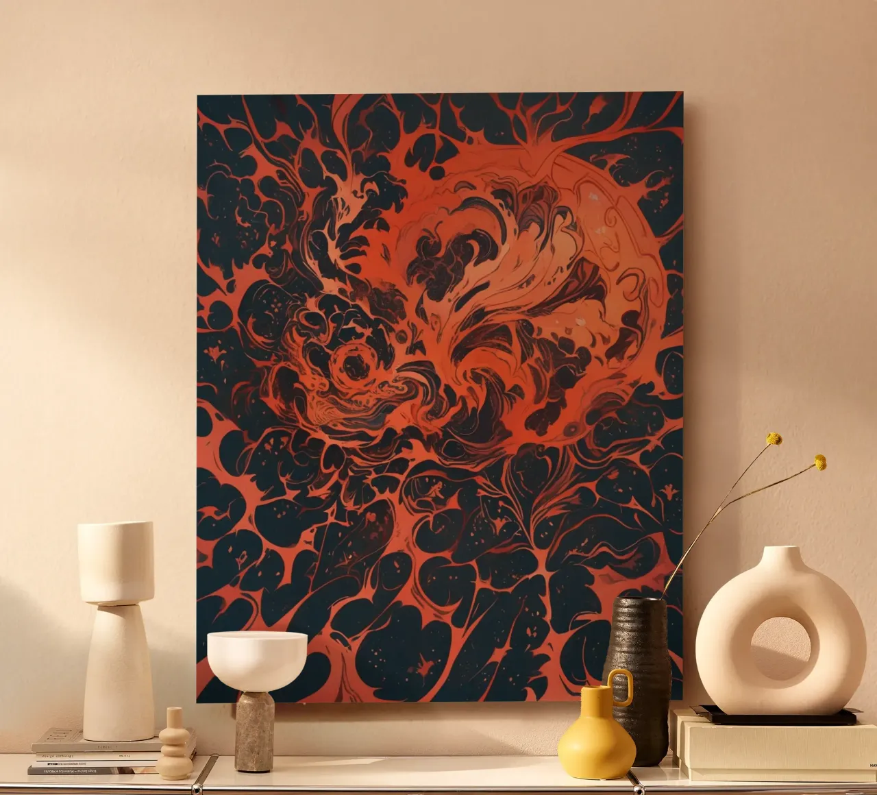 Eternal Sunburst: Un'esplosione astratta di cremisi e oro alluminio dibond da Artistic-shop