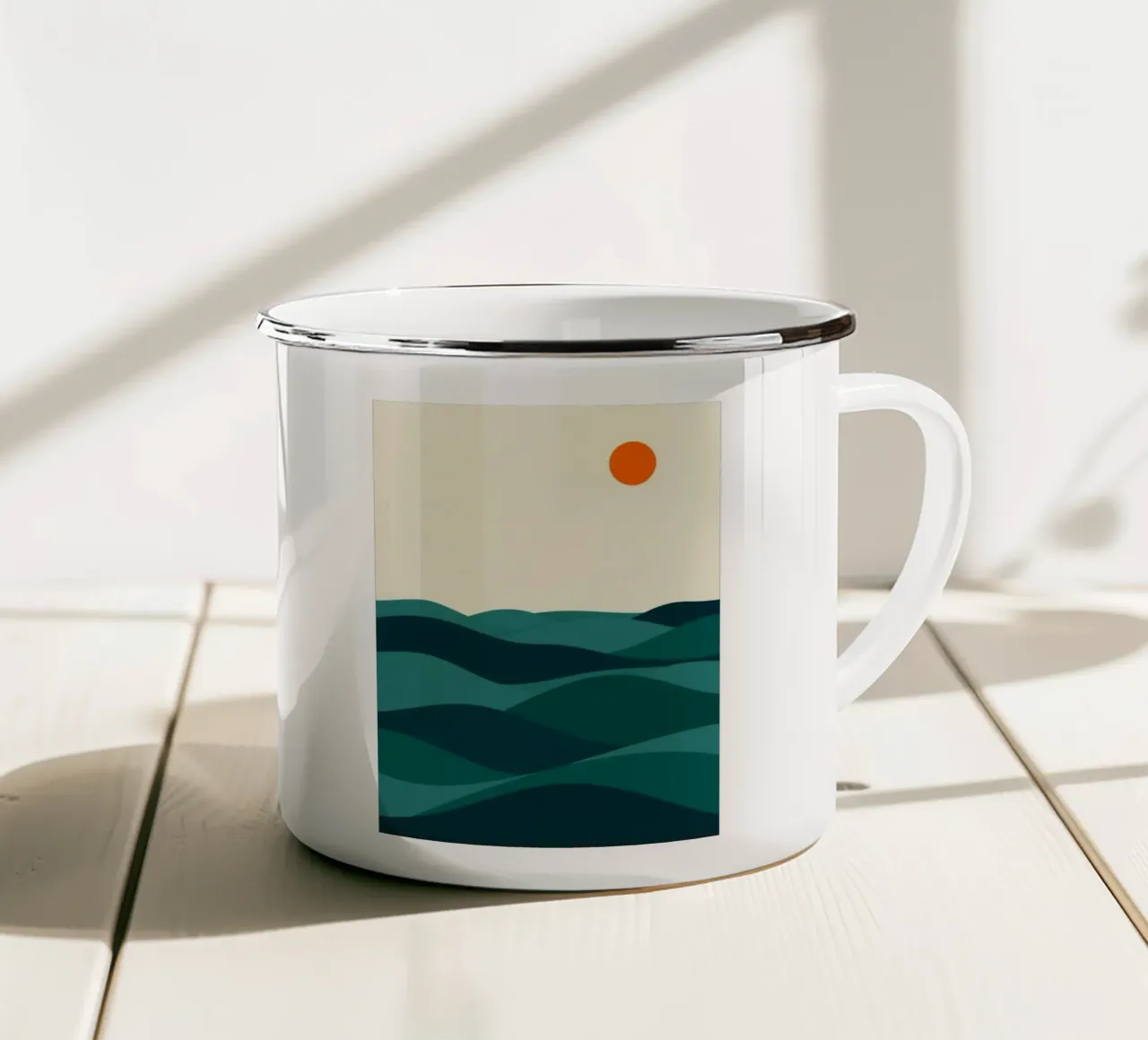 Minimalistische abstracte oceaangolven en zon emaille mok van Artistic-shop