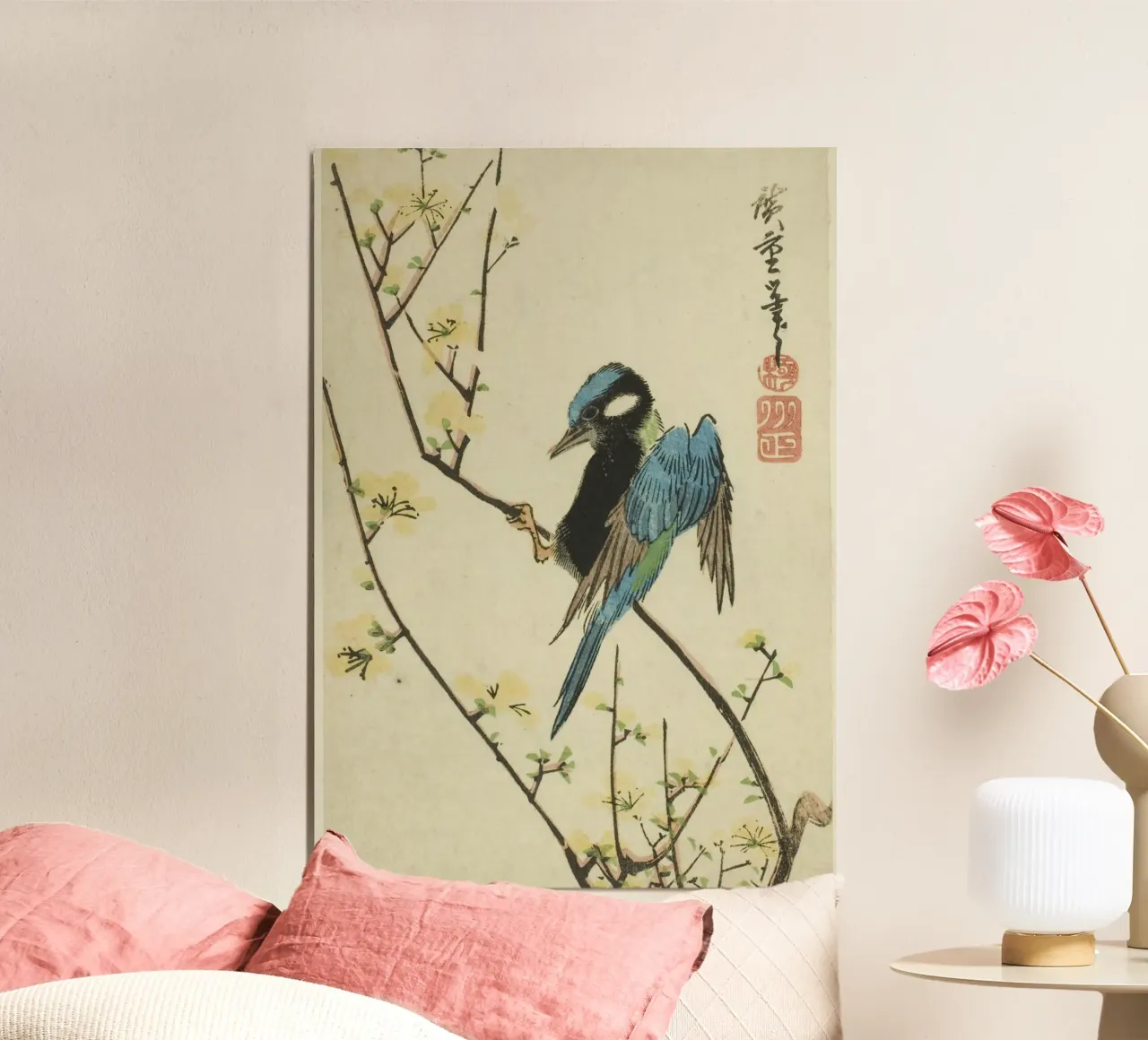 Java sparrow on cherry branch alluminio dibond da vintageshop