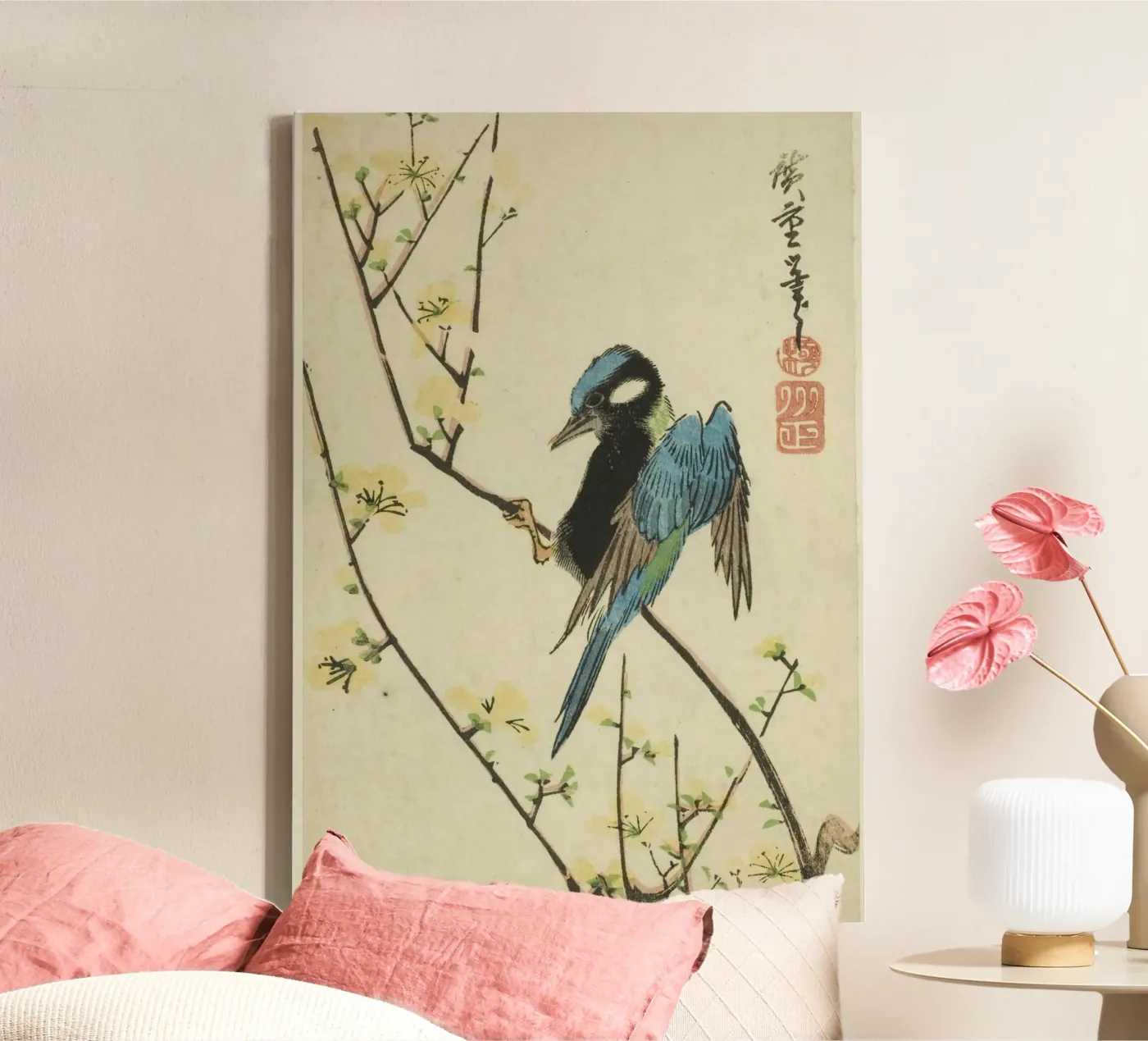 Java sparrow on cherry branch toile de vintageshop