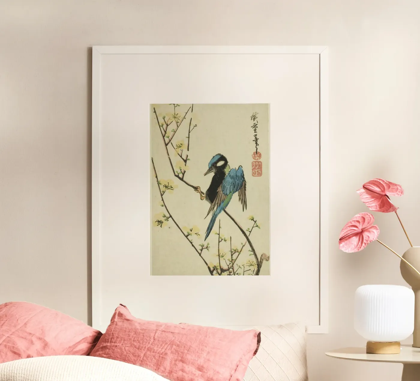 Java sparrow on cherry branch poster van vintageshop