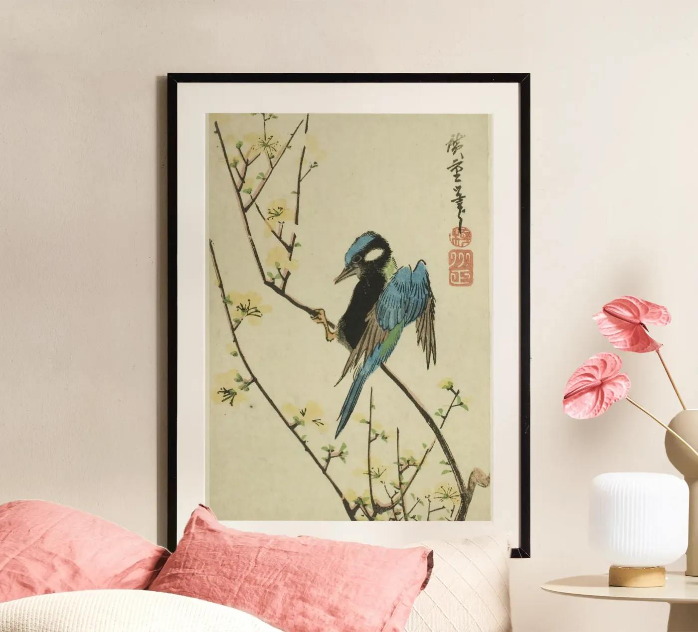 Java sparrow on cherry branch poster van vintageshop