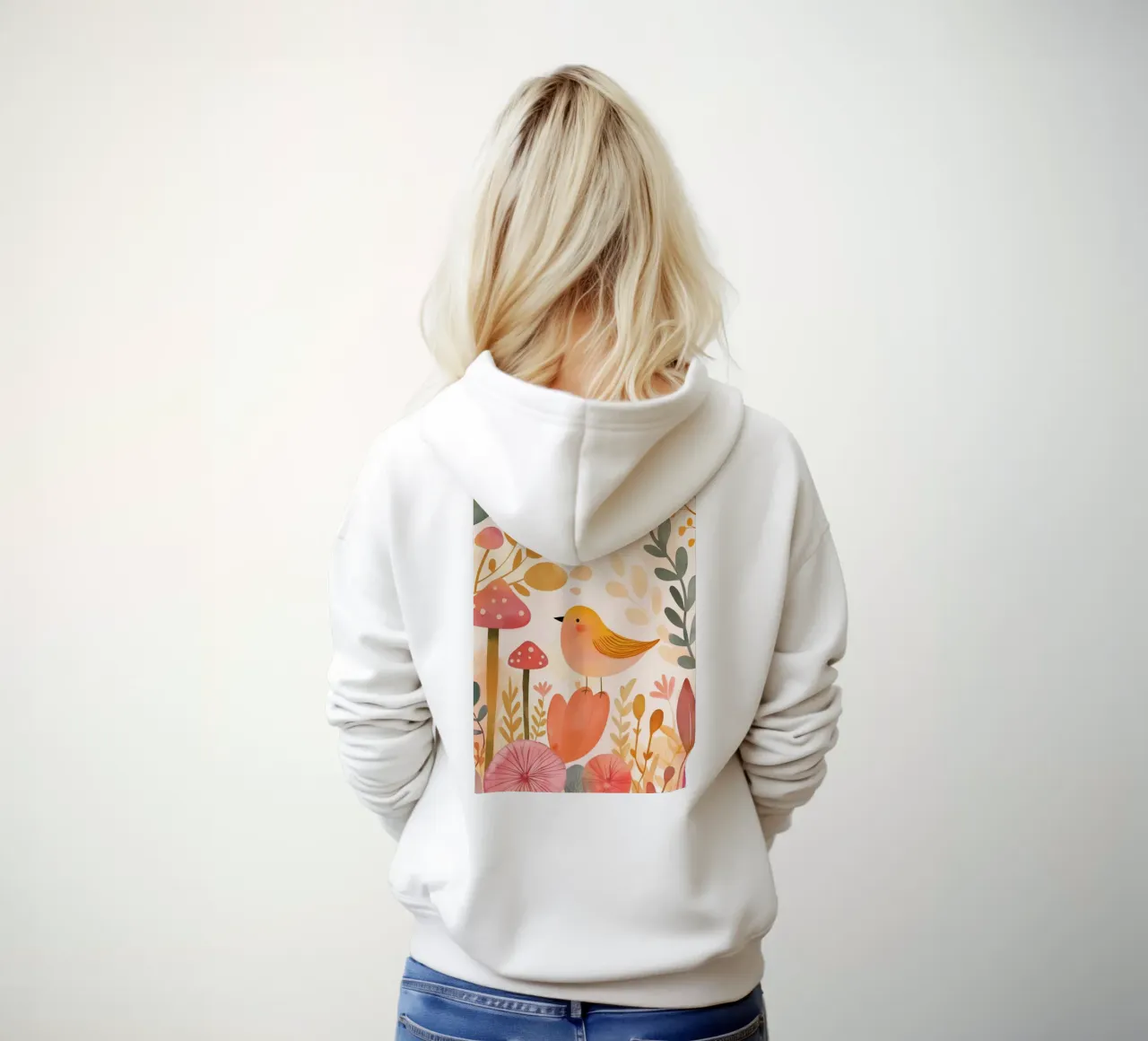 Un caprichoso pájaro amarillo en un jardín de flores bohemio con setas sudadera con capucha de Gentle Echoes Art