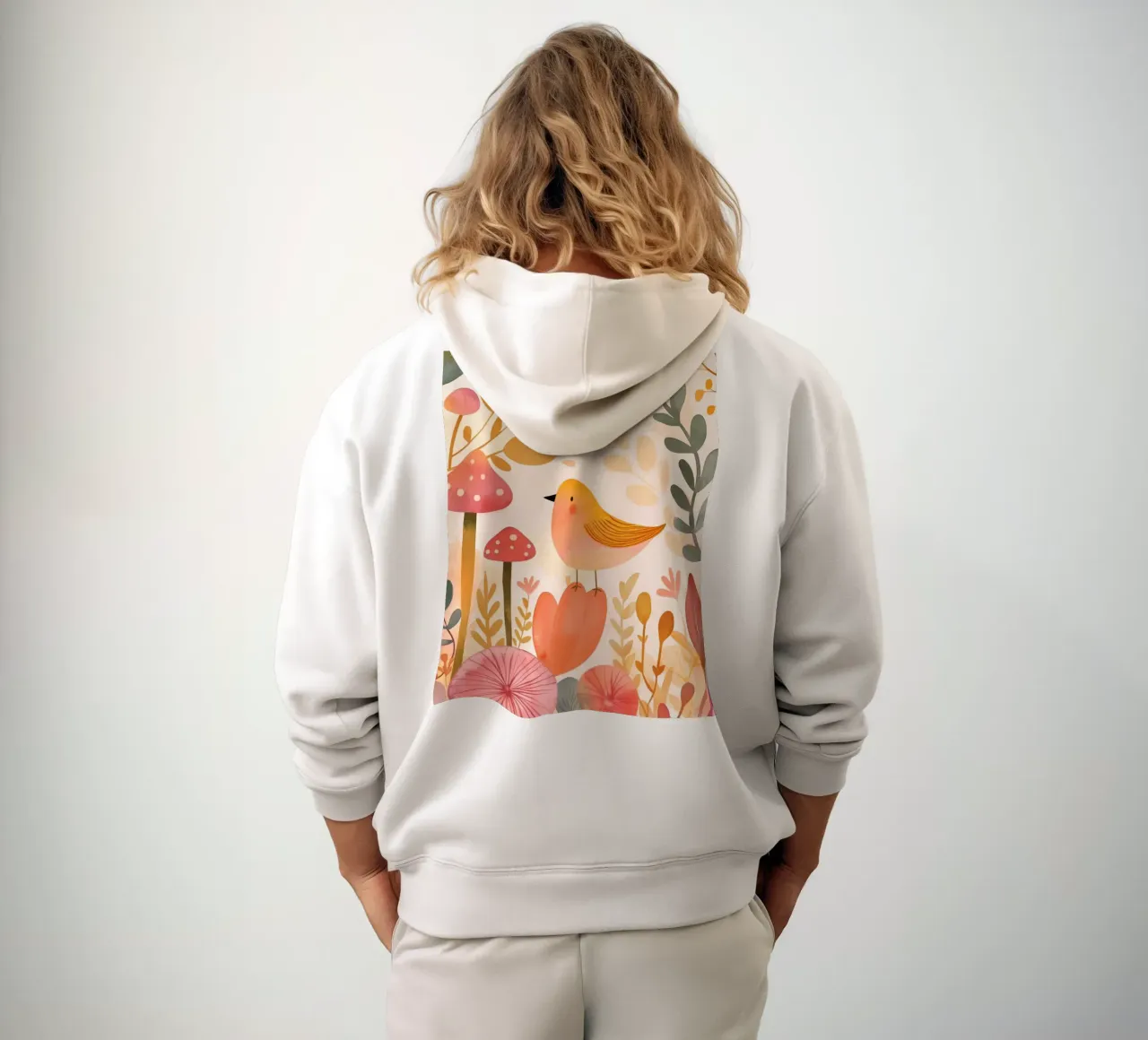 Un caprichoso pájaro amarillo en un jardín de flores bohemio con setas sudadera con capucha de Gentle Echoes Art