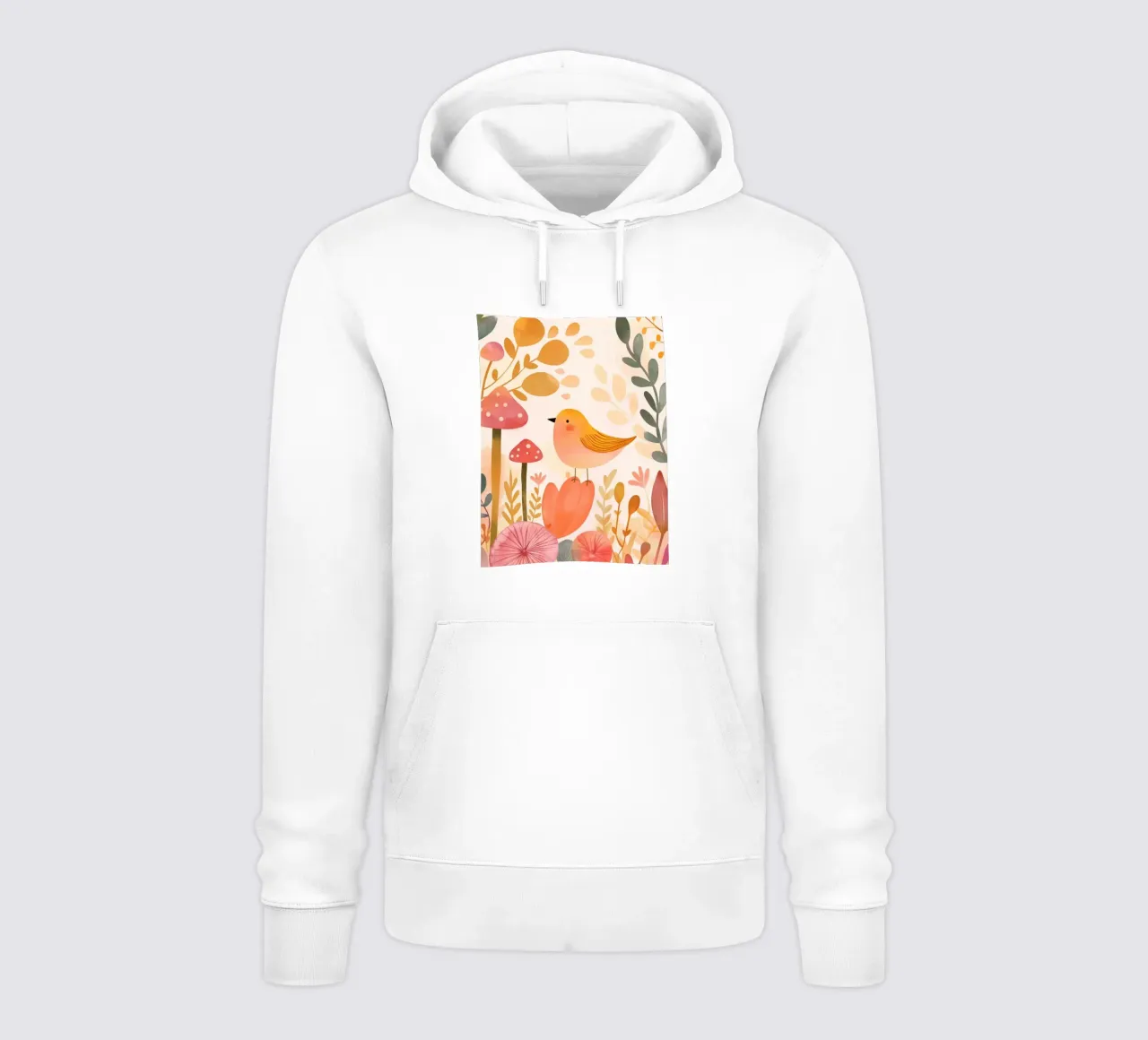 Un caprichoso pájaro amarillo en un jardín de flores bohemio con setas sudadera con capucha de Gentle Echoes Art