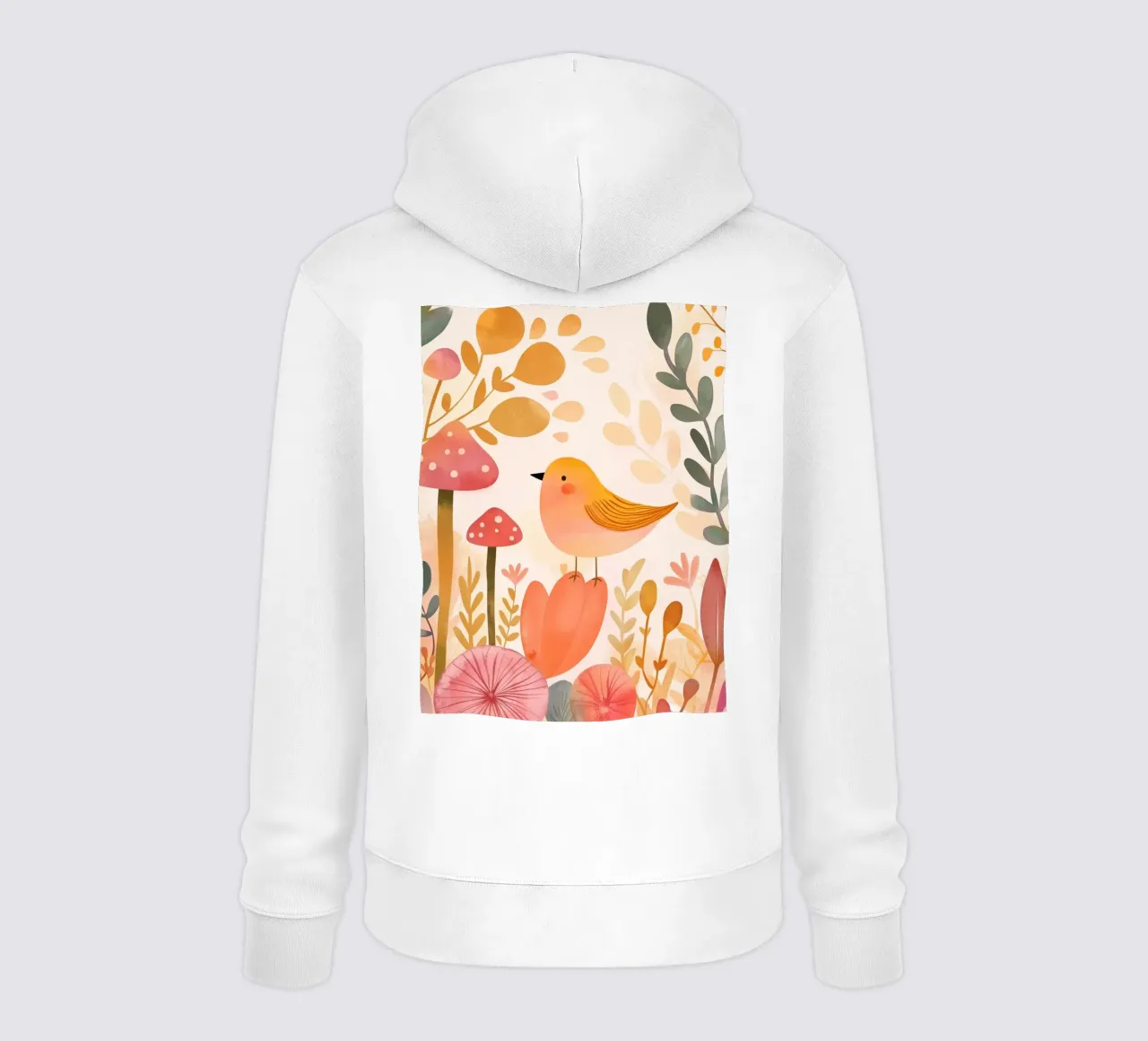 Un caprichoso pájaro amarillo en un jardín de flores bohemio con setas sudadera con capucha de Gentle Echoes Art