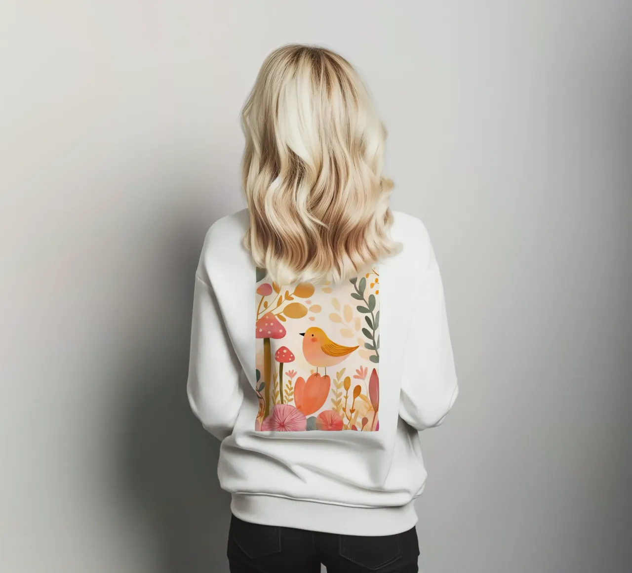 Oiseau jaune fantaisiste dans un jardin de fleurs de champignons Boho sweat de Gentle Echoes Art