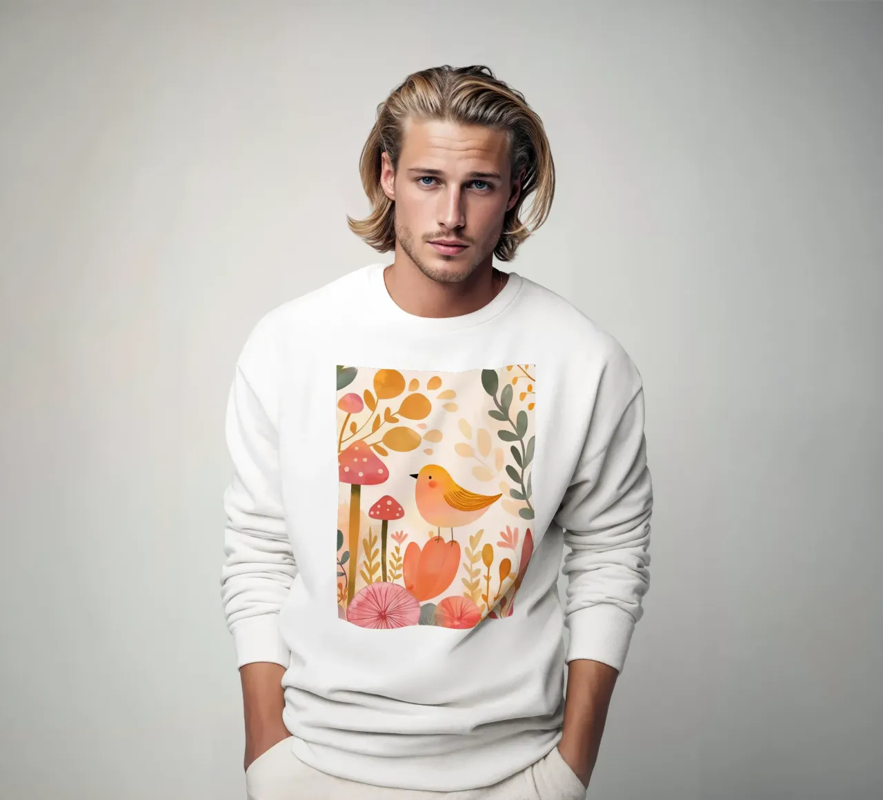 Oiseau jaune fantaisiste dans un jardin de fleurs de champignons Boho sweat de Gentle Echoes Art