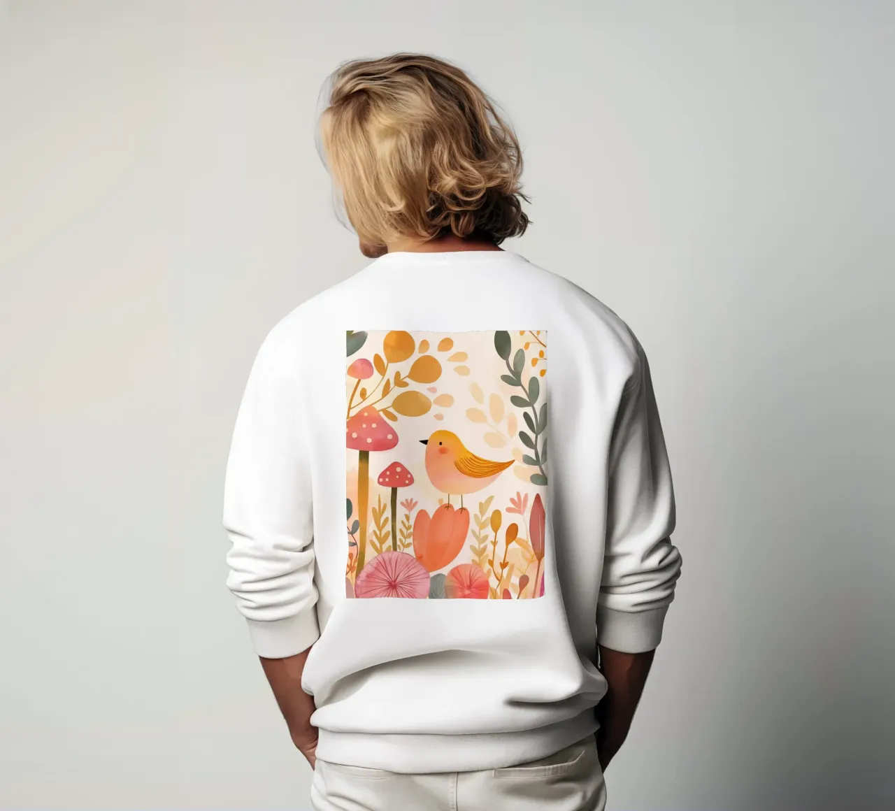 Oiseau jaune fantaisiste dans un jardin de fleurs de champignons Boho sweat de Gentle Echoes Art