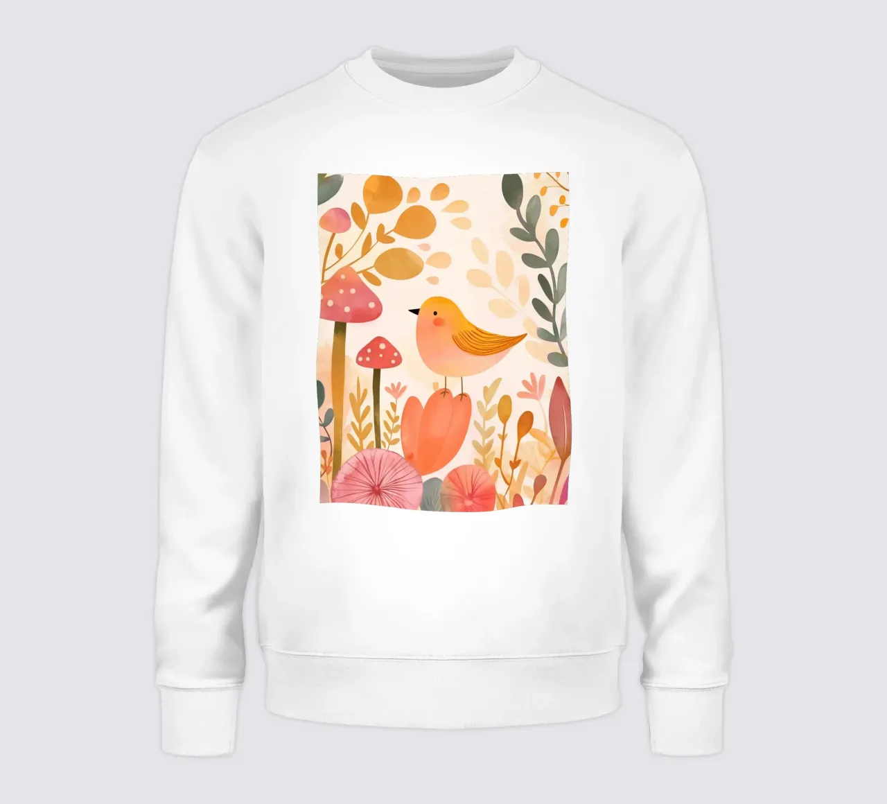 Oiseau jaune fantaisiste dans un jardin de fleurs de champignons Boho sweat de Gentle Echoes Art