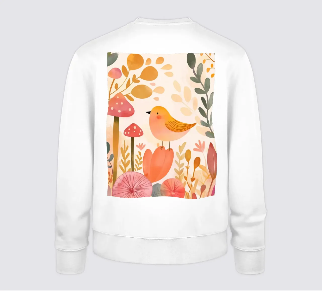 Oiseau jaune fantaisiste dans un jardin de fleurs de champignons Boho sweat de Gentle Echoes Art