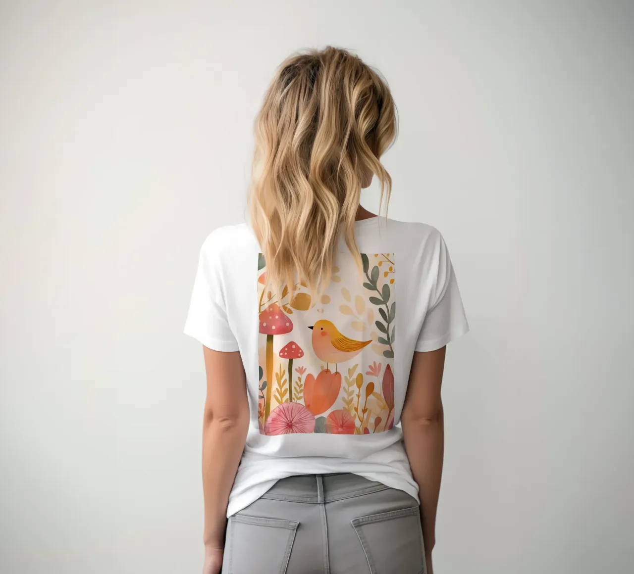 Oiseau jaune fantaisiste dans un jardin de fleurs de champignons Boho t-shirt de Gentle Echoes Art