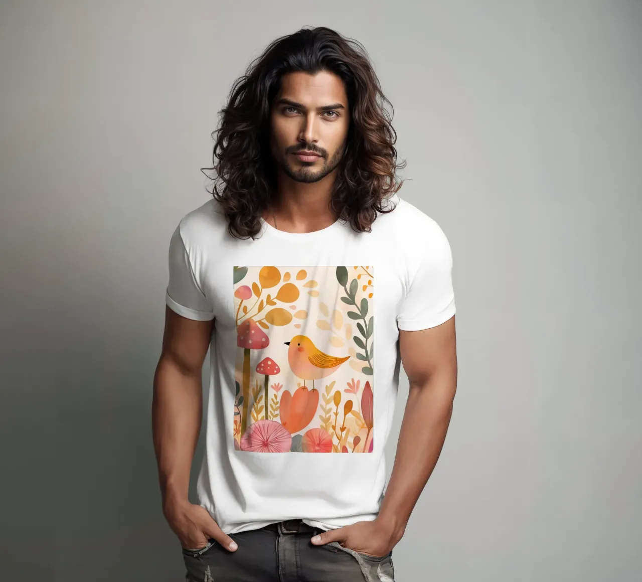 Oiseau jaune fantaisiste dans un jardin de fleurs de champignons Boho t-shirt de Gentle Echoes Art