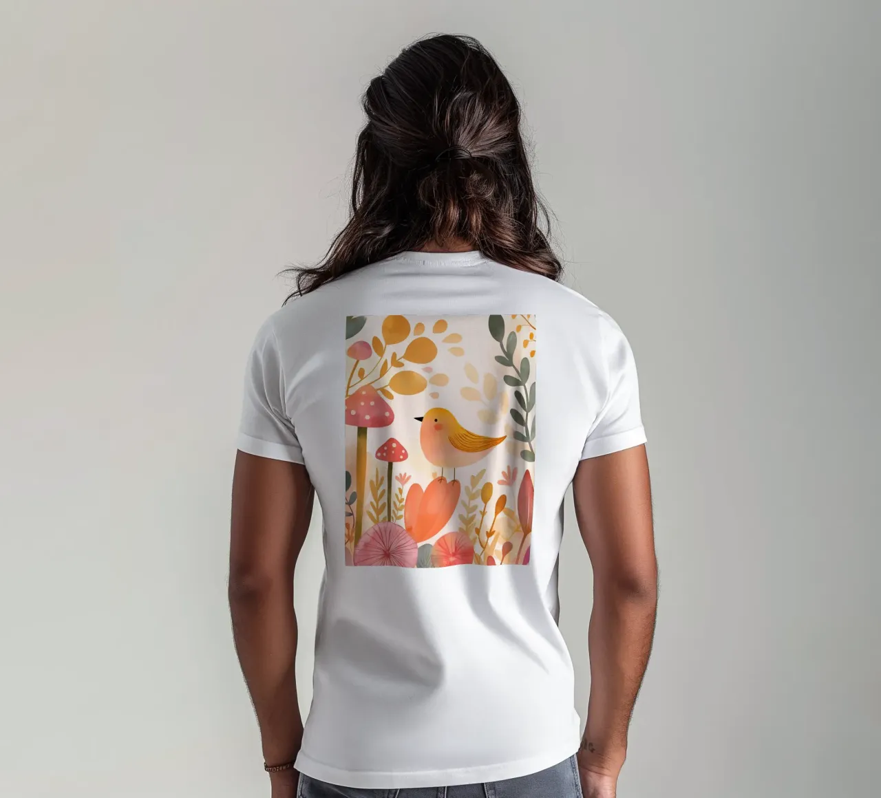 Oiseau jaune fantaisiste dans un jardin de fleurs de champignons Boho t-shirt de Gentle Echoes Art