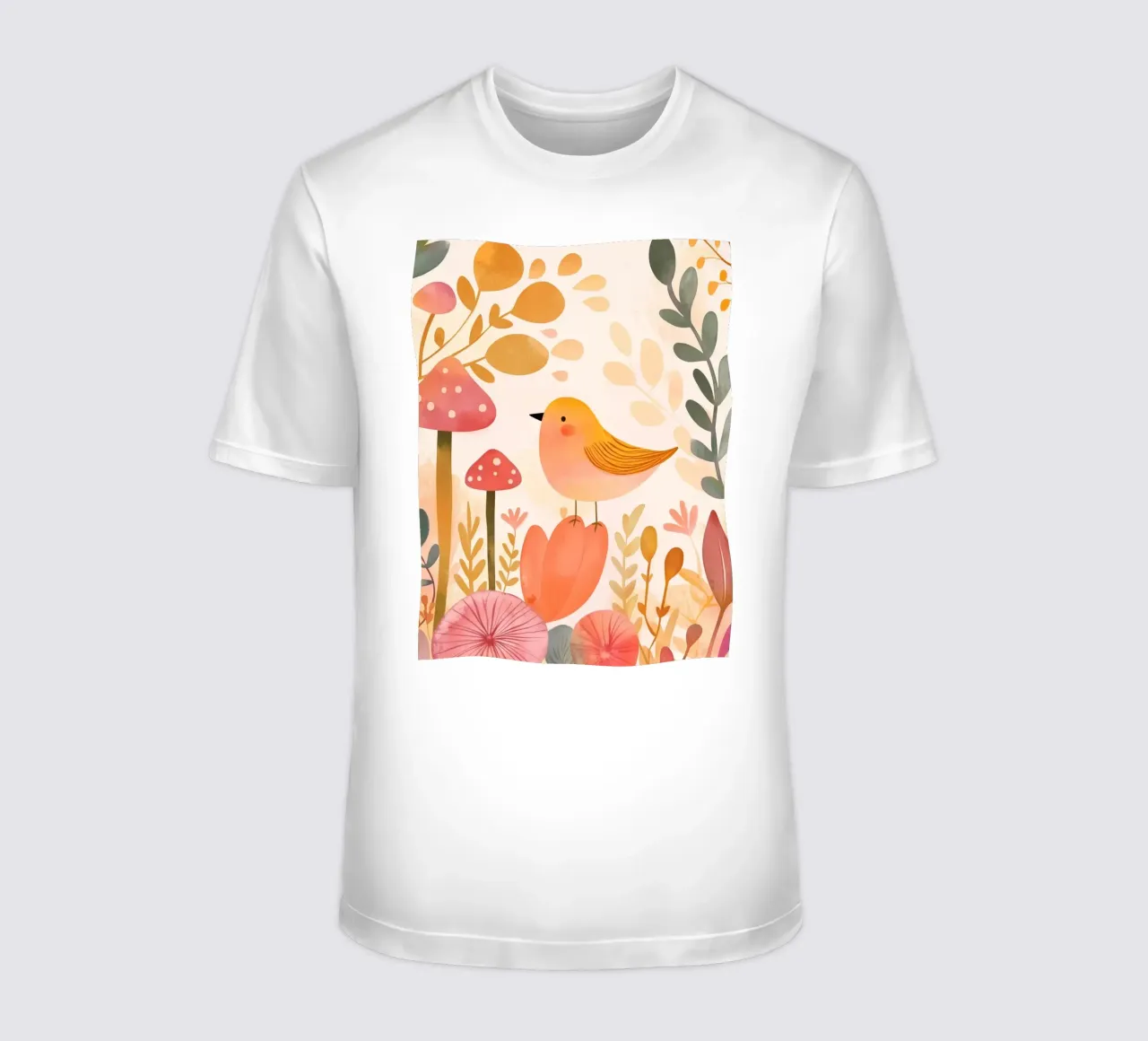 Oiseau jaune fantaisiste dans un jardin de fleurs de champignons Boho t-shirt de Gentle Echoes Art