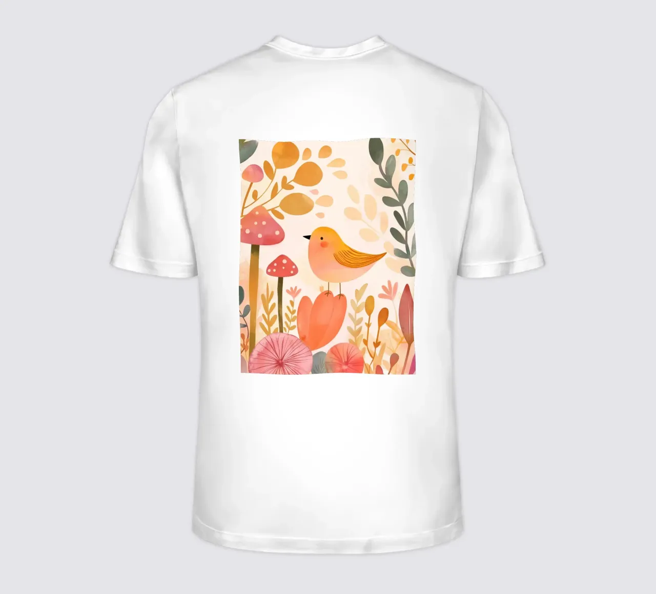 Oiseau jaune fantaisiste dans un jardin de fleurs de champignons Boho t-shirt de Gentle Echoes Art