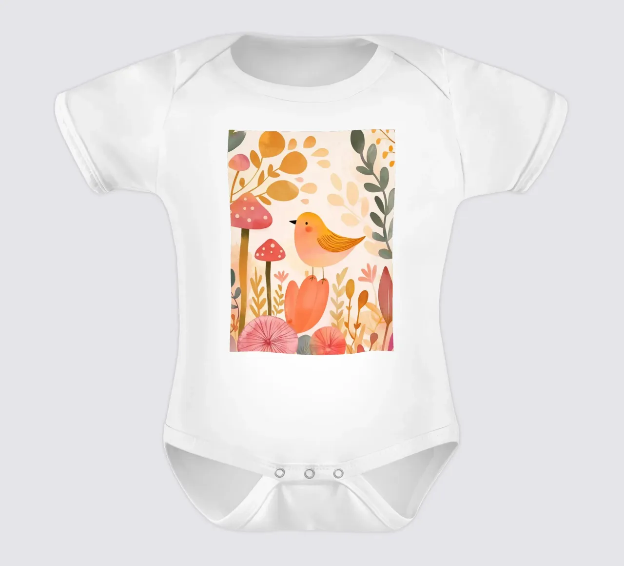 Oiseau jaune fantaisiste dans un jardin de fleurs de champignons Boho body bébé de Gentle Echoes Art