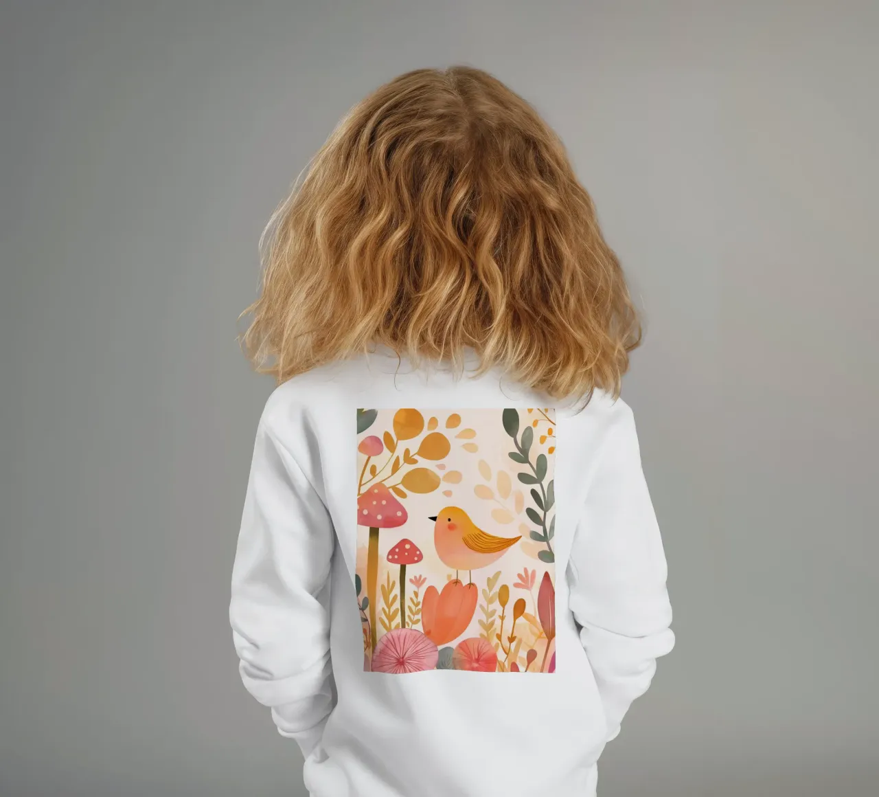 Un caprichoso pájaro amarillo en un jardín de flores bohemio con setas sudadera para niño de Gentle Echoes Art