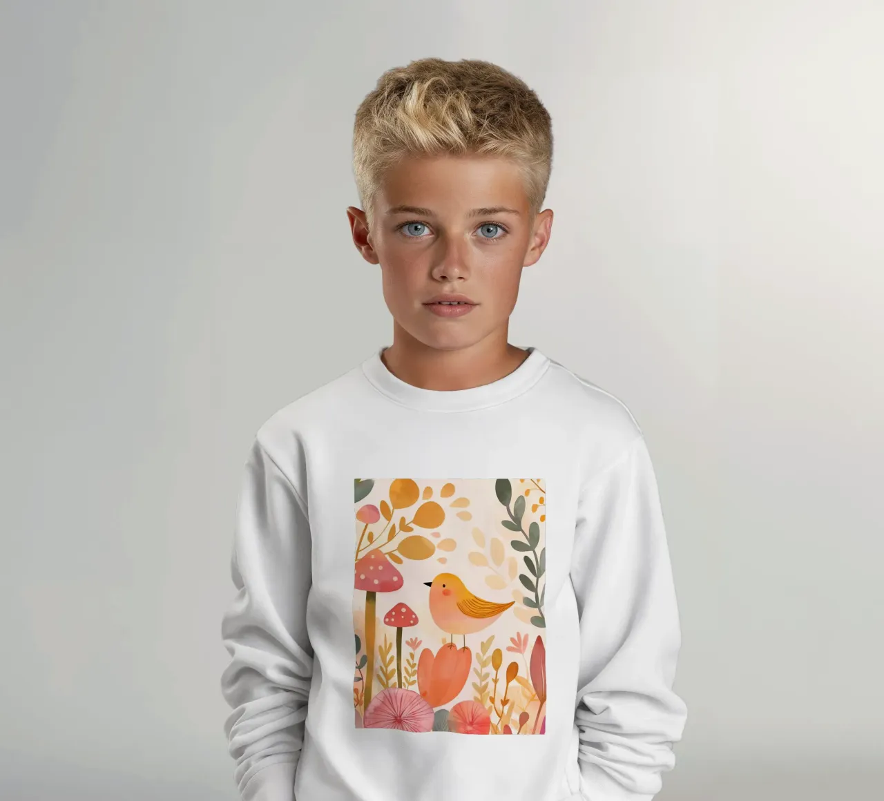 Un caprichoso pájaro amarillo en un jardín de flores bohemio con setas sudadera para niño de Gentle Echoes Art