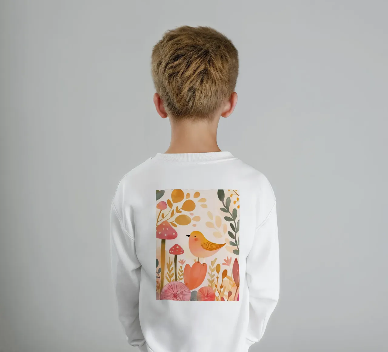 Un caprichoso pájaro amarillo en un jardín de flores bohemio con setas sudadera para niño de Gentle Echoes Art