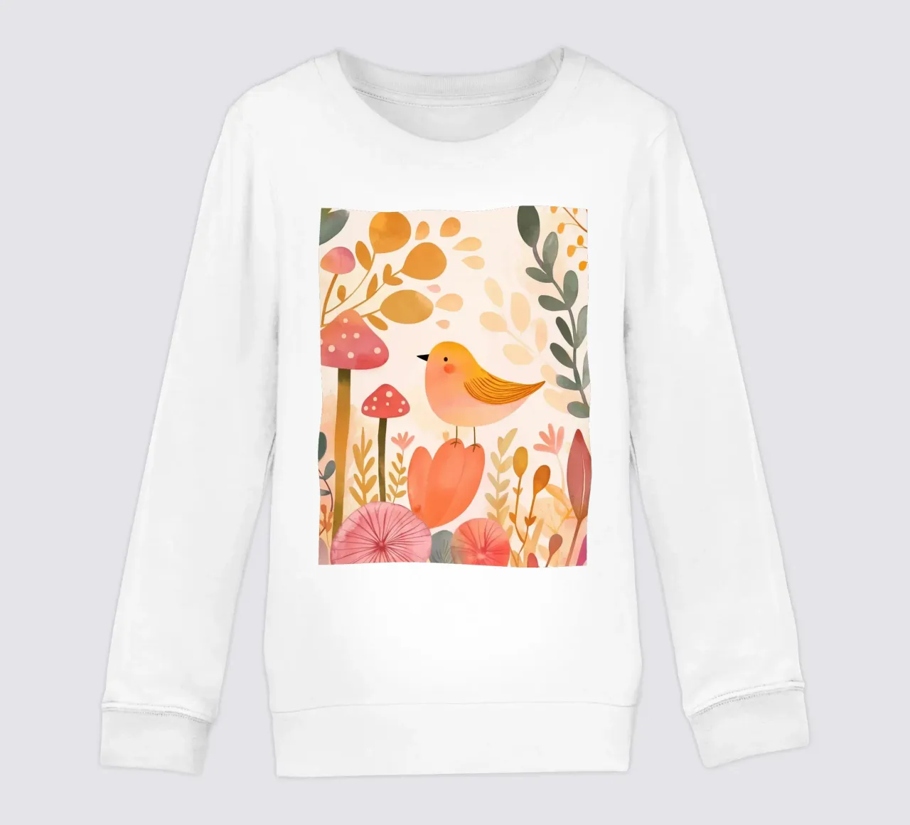 Un caprichoso pájaro amarillo en un jardín de flores bohemio con setas sudadera para niño de Gentle Echoes Art