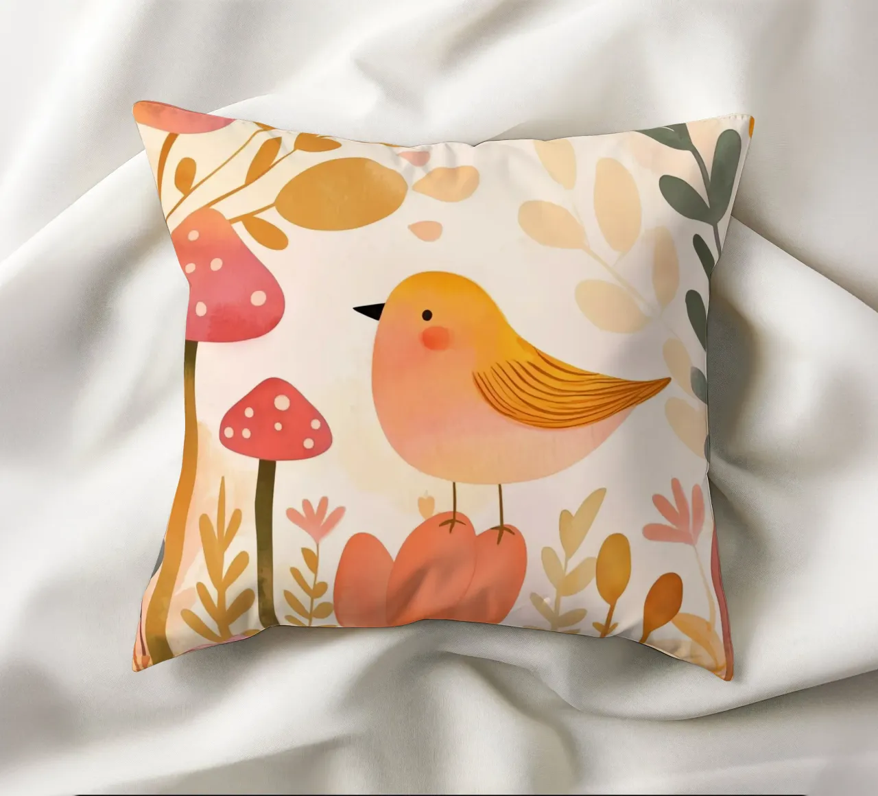 Oiseau jaune fantaisiste dans un jardin de fleurs de champignons Boho coussin de Gentle Echoes Art