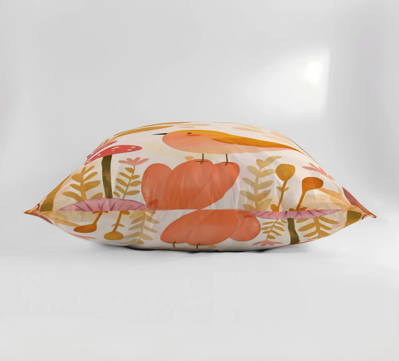 Oiseau jaune fantaisiste dans un jardin de fleurs de champignons Boho coussin de Gentle Echoes Art