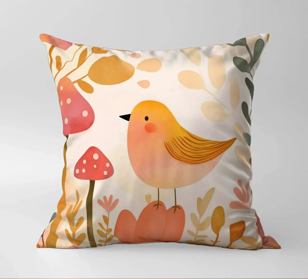 Oiseau jaune fantaisiste dans un jardin de fleurs de champignons Boho coussin de Gentle Echoes Art