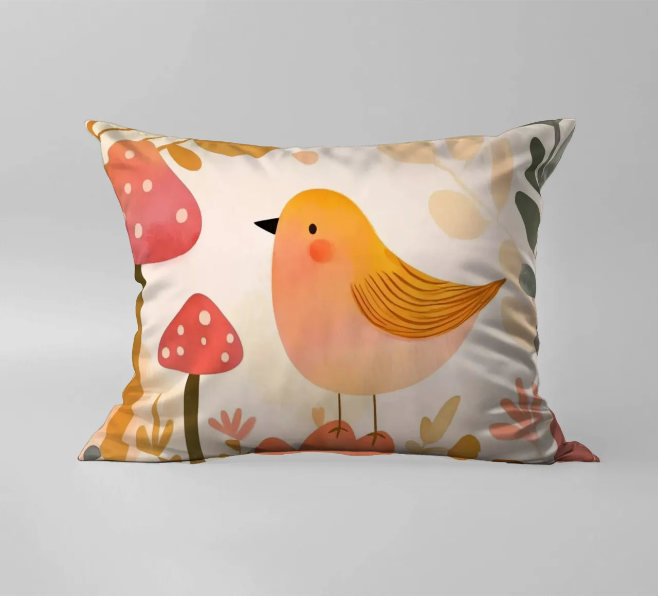 Oiseau jaune fantaisiste dans un jardin de fleurs de champignons Boho coussin de Gentle Echoes Art