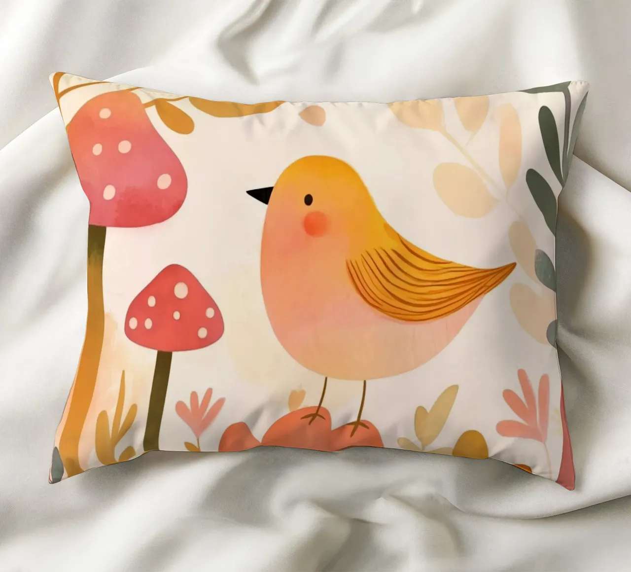 Oiseau jaune fantaisiste dans un jardin de fleurs de champignons Boho coussin de Gentle Echoes Art