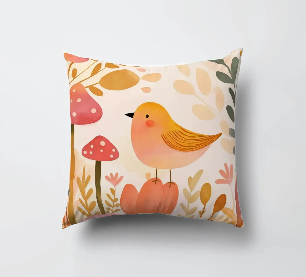 Oiseau jaune fantaisiste dans un jardin de fleurs de champignons Boho coussin de Gentle Echoes Art