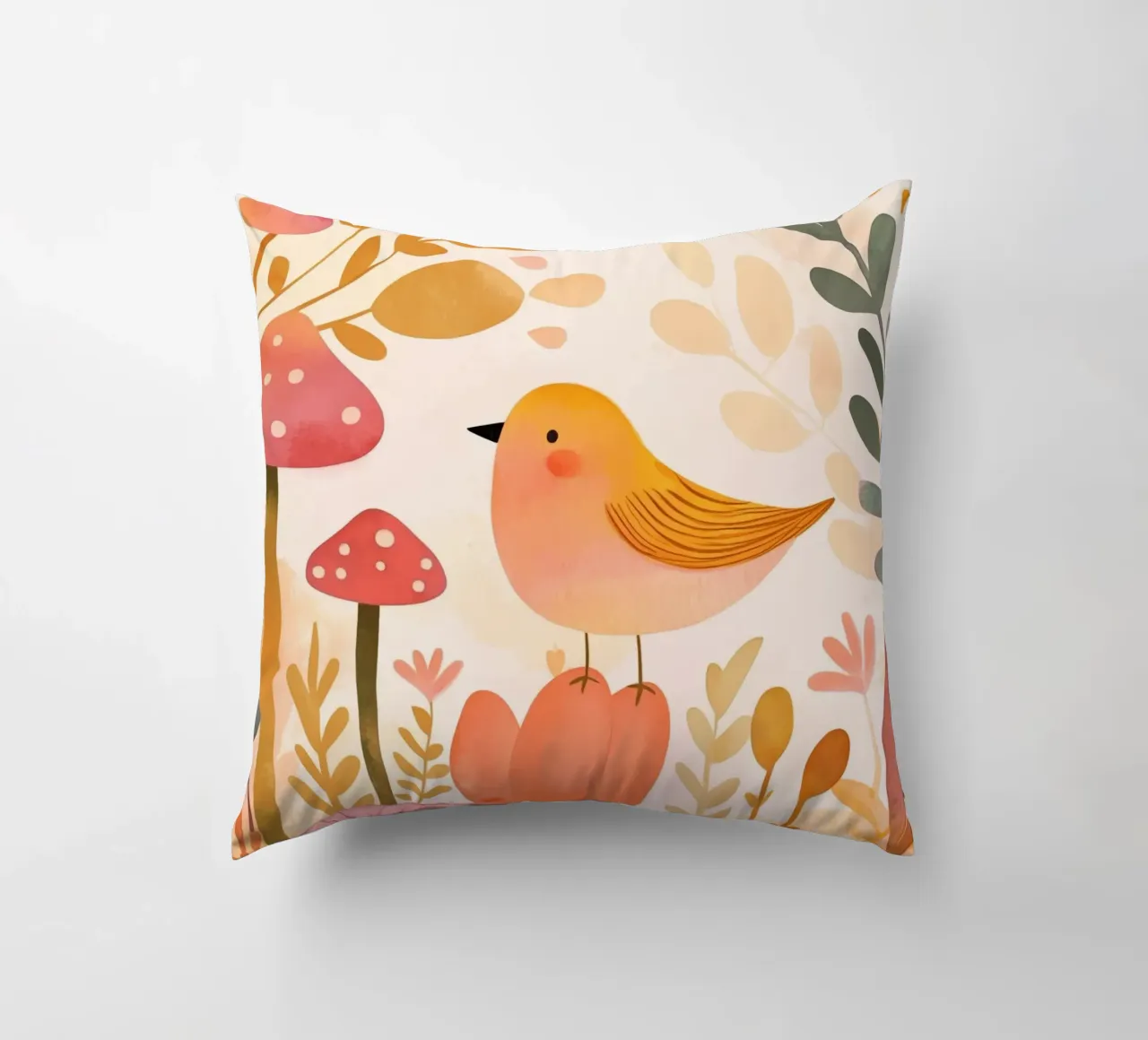 Oiseau jaune fantaisiste dans un jardin de fleurs de champignons Boho coussin de Gentle Echoes Art
