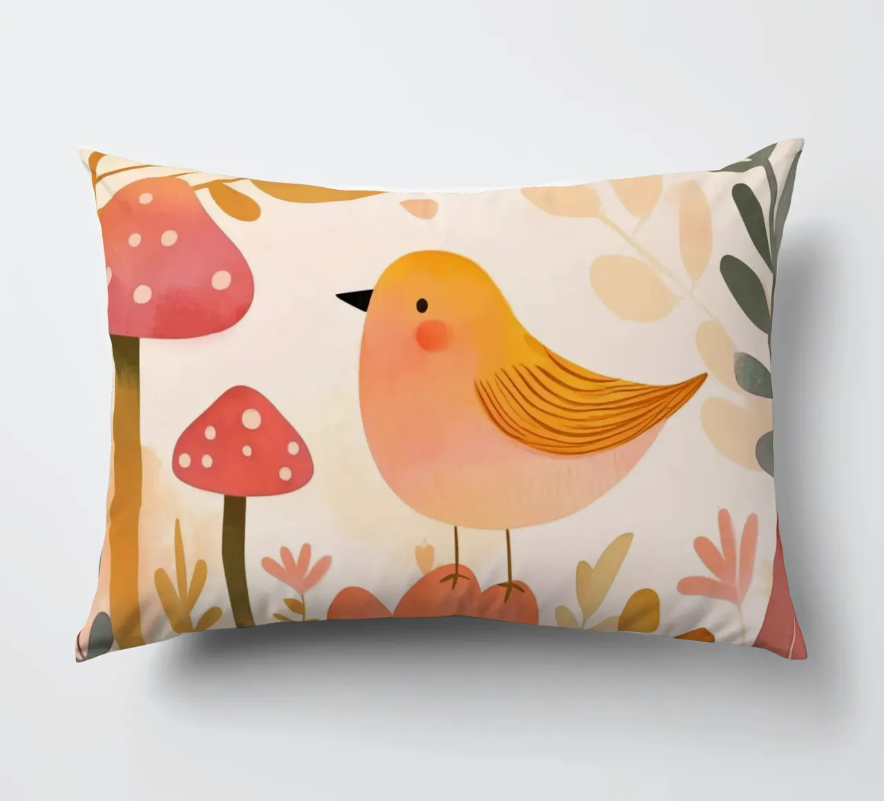 Oiseau jaune fantaisiste dans un jardin de fleurs de champignons Boho coussin de Gentle Echoes Art