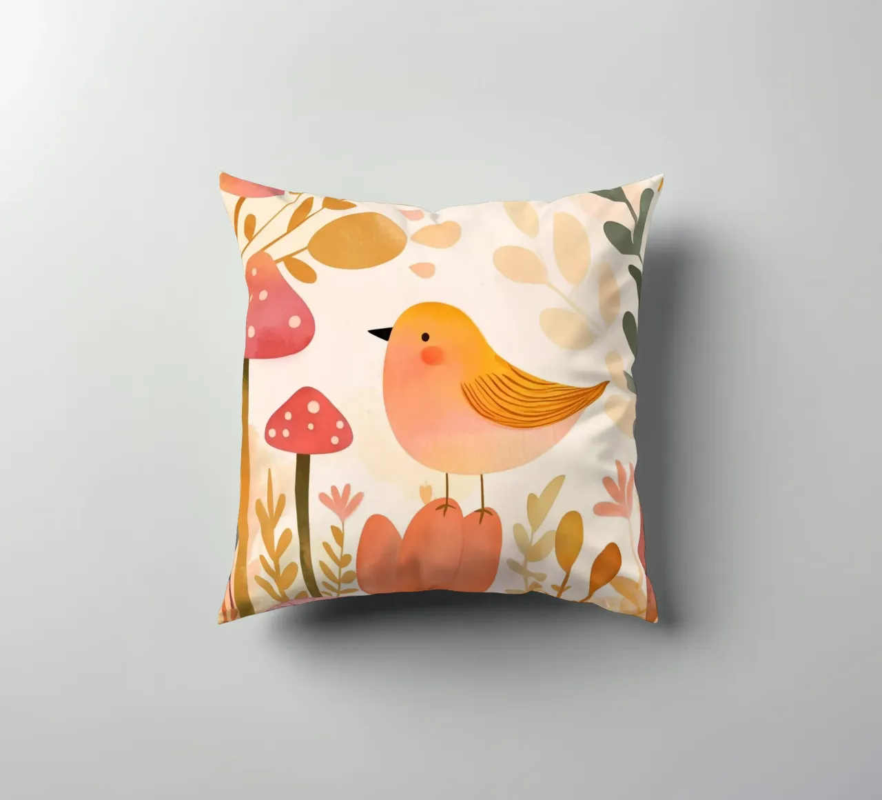 Oiseau jaune fantaisiste dans un jardin de fleurs de champignons Boho coussin de Gentle Echoes Art