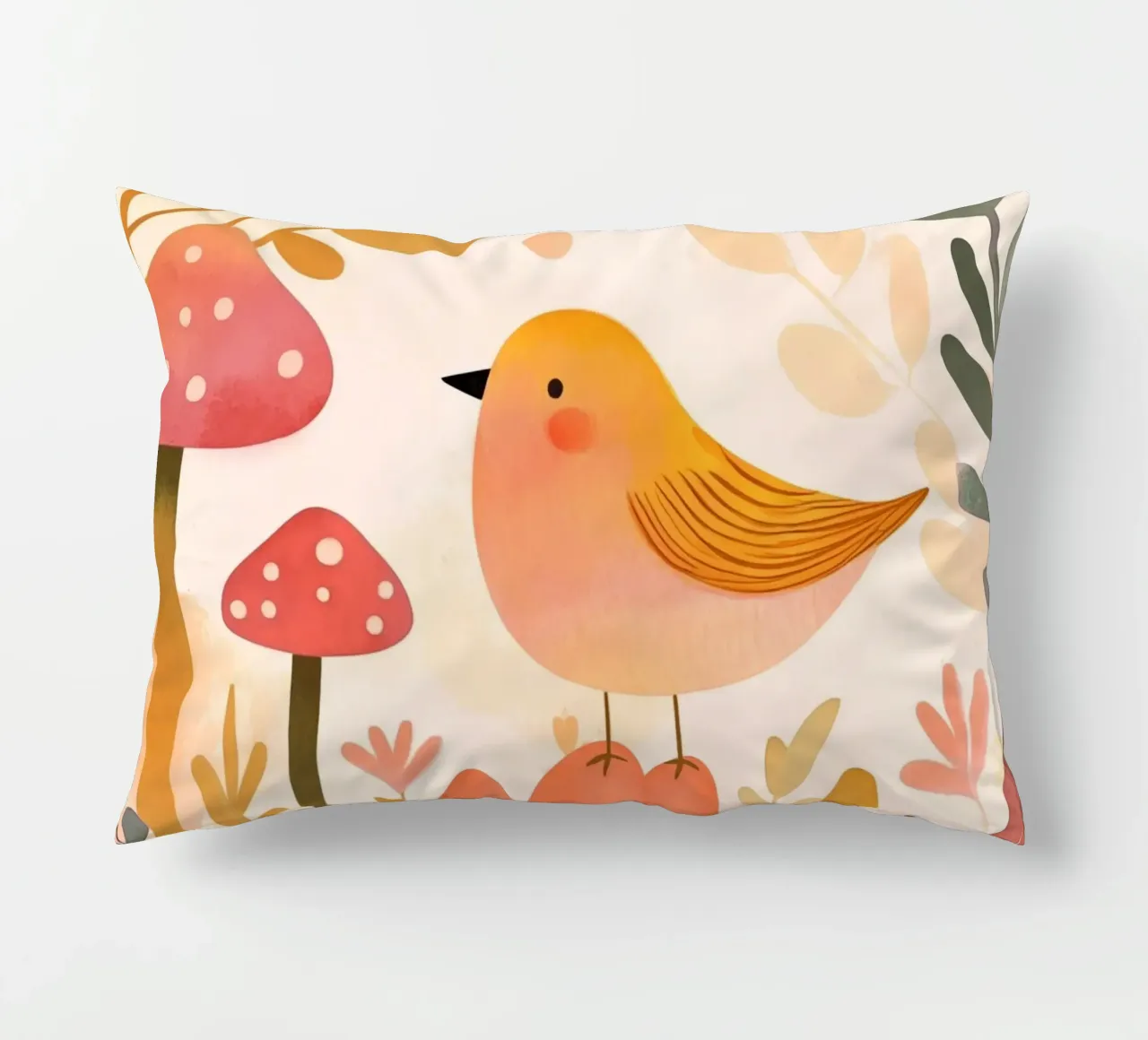 Oiseau jaune fantaisiste dans un jardin de fleurs de champignons Boho coussin de Gentle Echoes Art