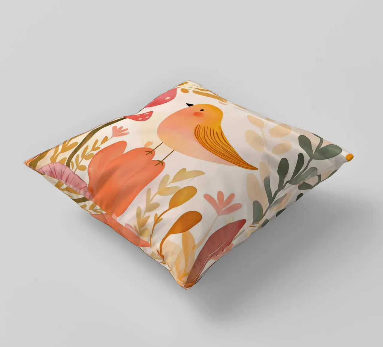 Oiseau jaune fantaisiste dans un jardin de fleurs de champignons Boho coussin de Gentle Echoes Art