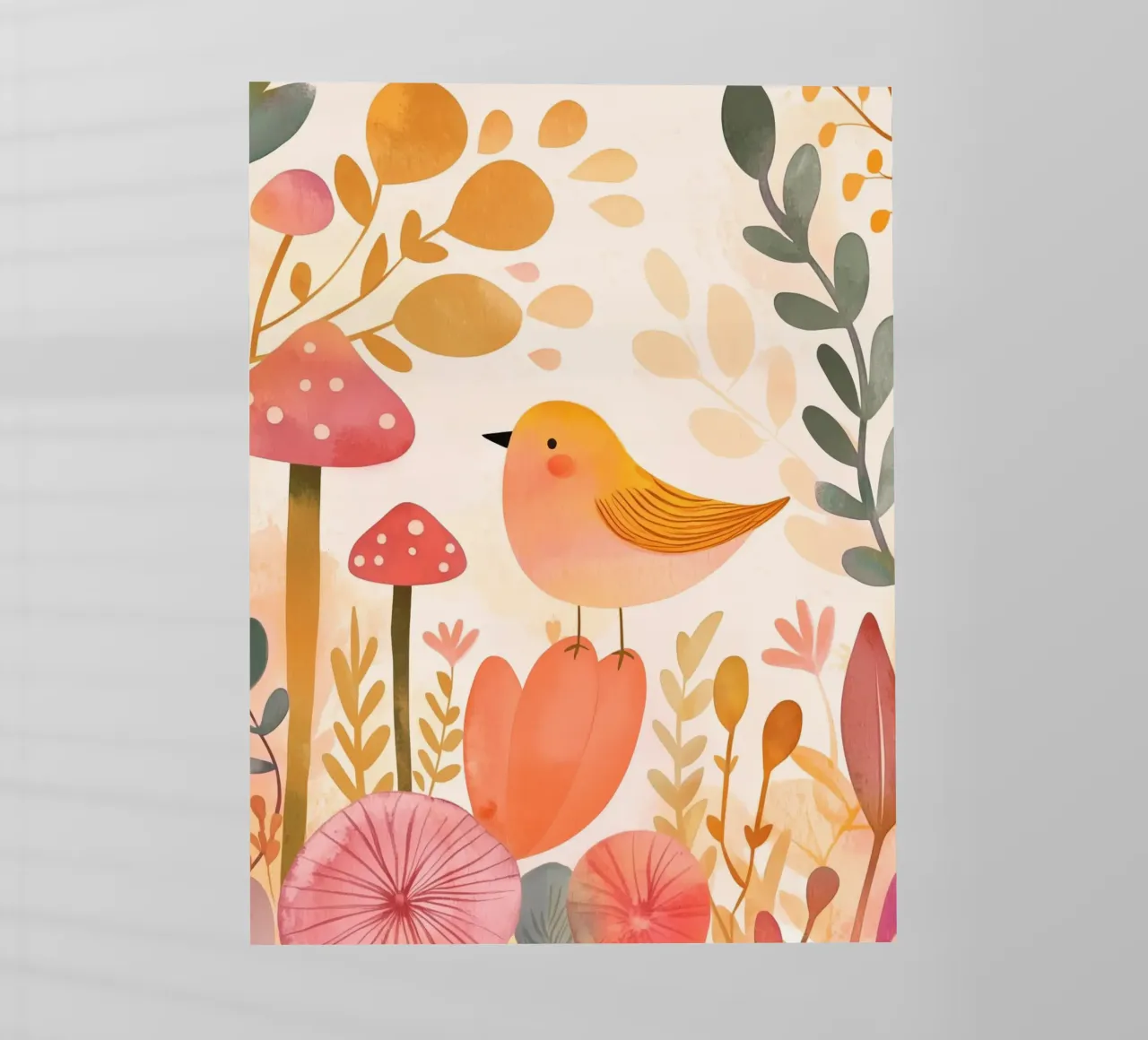 Un caprichoso pájaro amarillo en un jardín de flores bohemio con setas lámina retroiluminada de Gentle Echoes Art