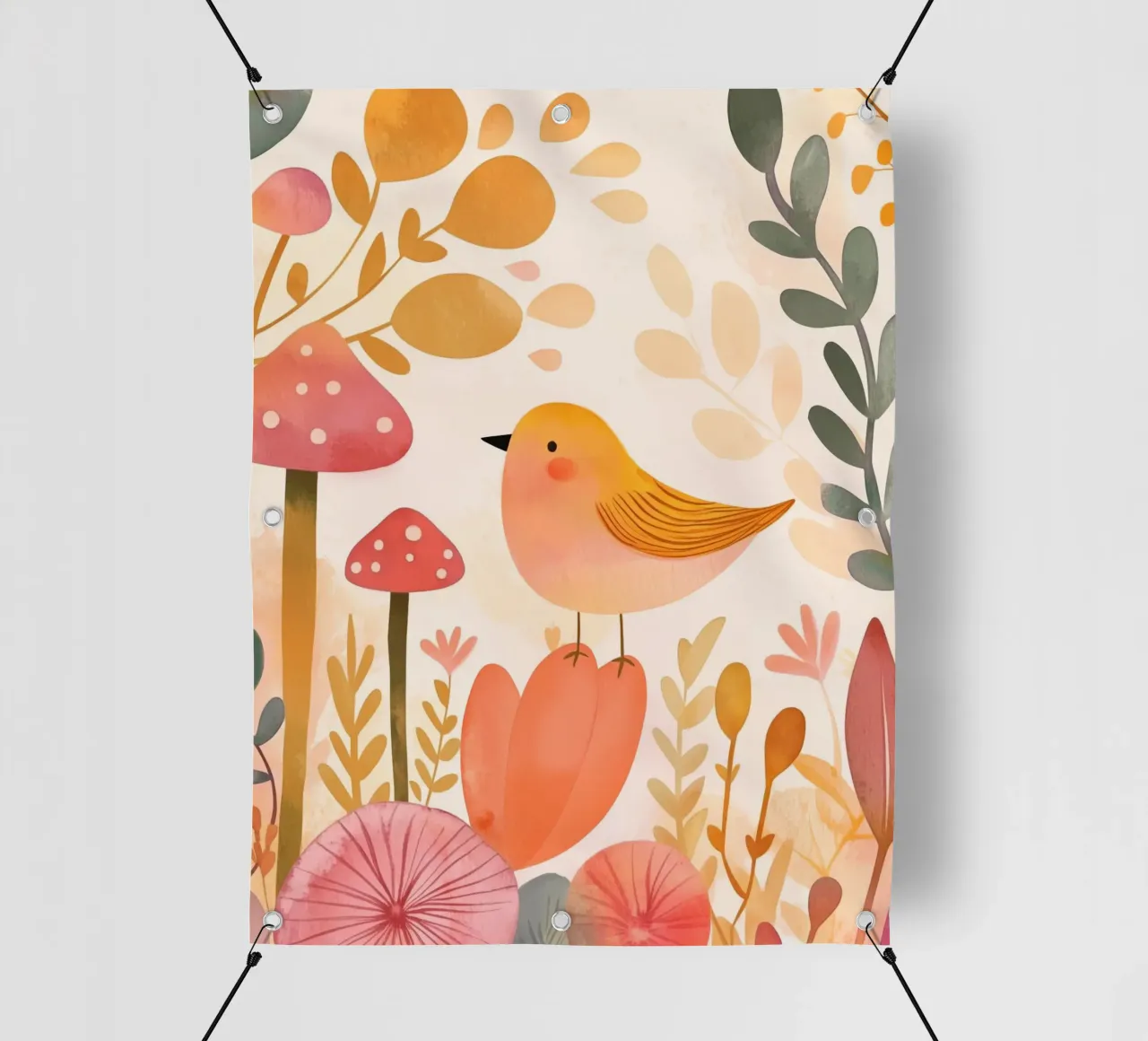 Oiseau jaune fantaisiste dans un jardin de fleurs de champignons Boho bâche pvc de Gentle Echoes Art