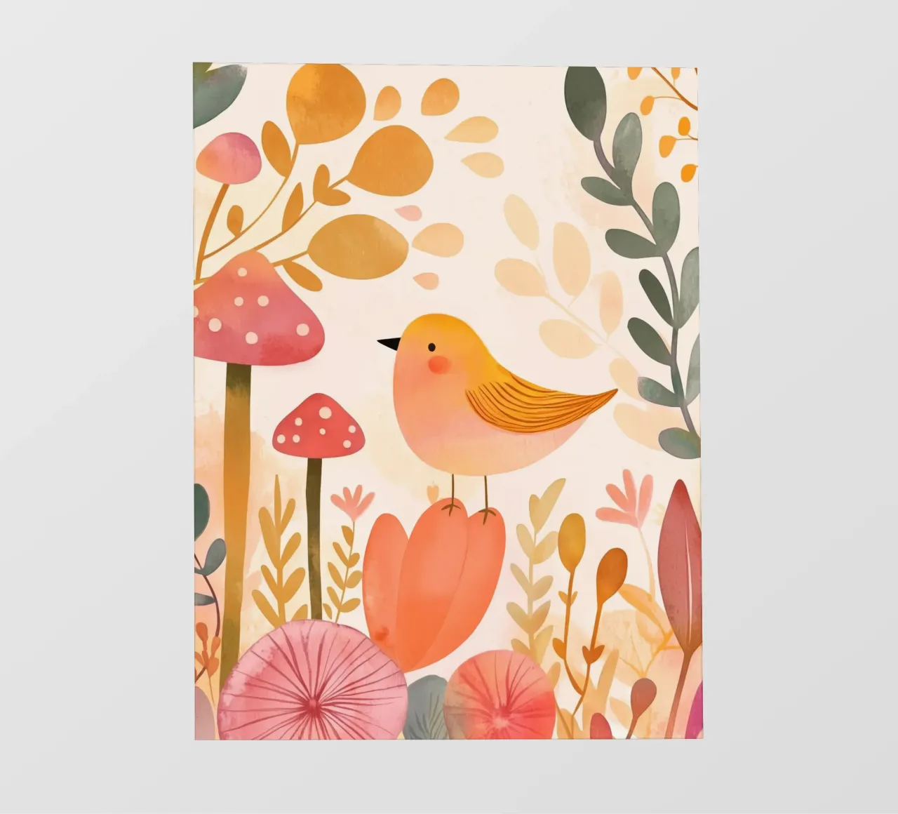 Oiseau jaune fantaisiste dans un jardin de fleurs de champignons Boho bâche pvc de Gentle Echoes Art