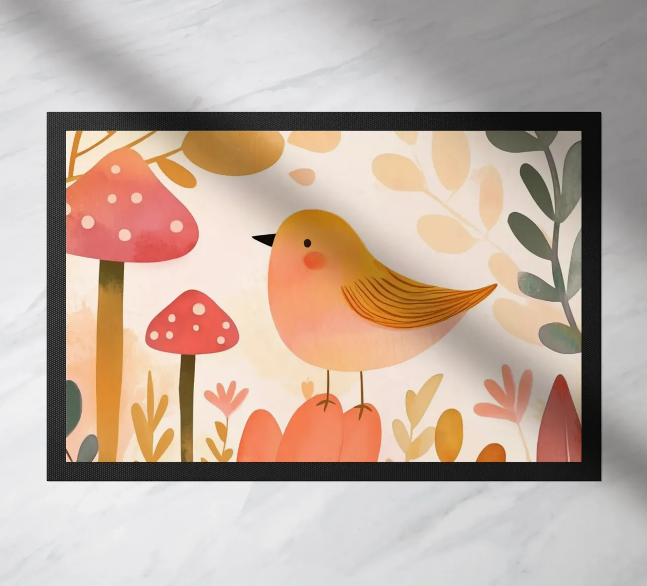 Oiseau jaune fantaisiste dans un jardin de fleurs de champignons Boho paillasson de Gentle Echoes Art