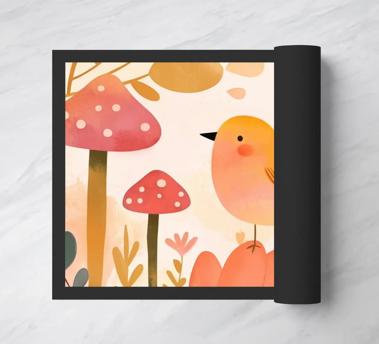 Oiseau jaune fantaisiste dans un jardin de fleurs de champignons Boho paillasson de Gentle Echoes Art