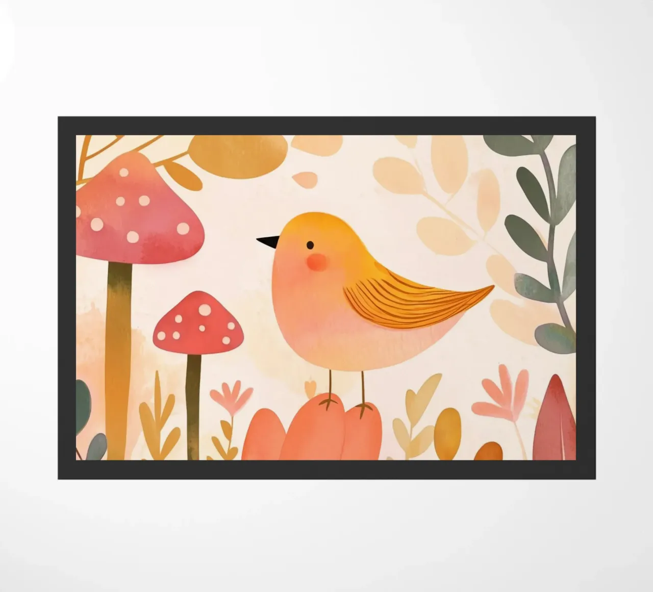 Oiseau jaune fantaisiste dans un jardin de fleurs de champignons Boho paillasson de Gentle Echoes Art