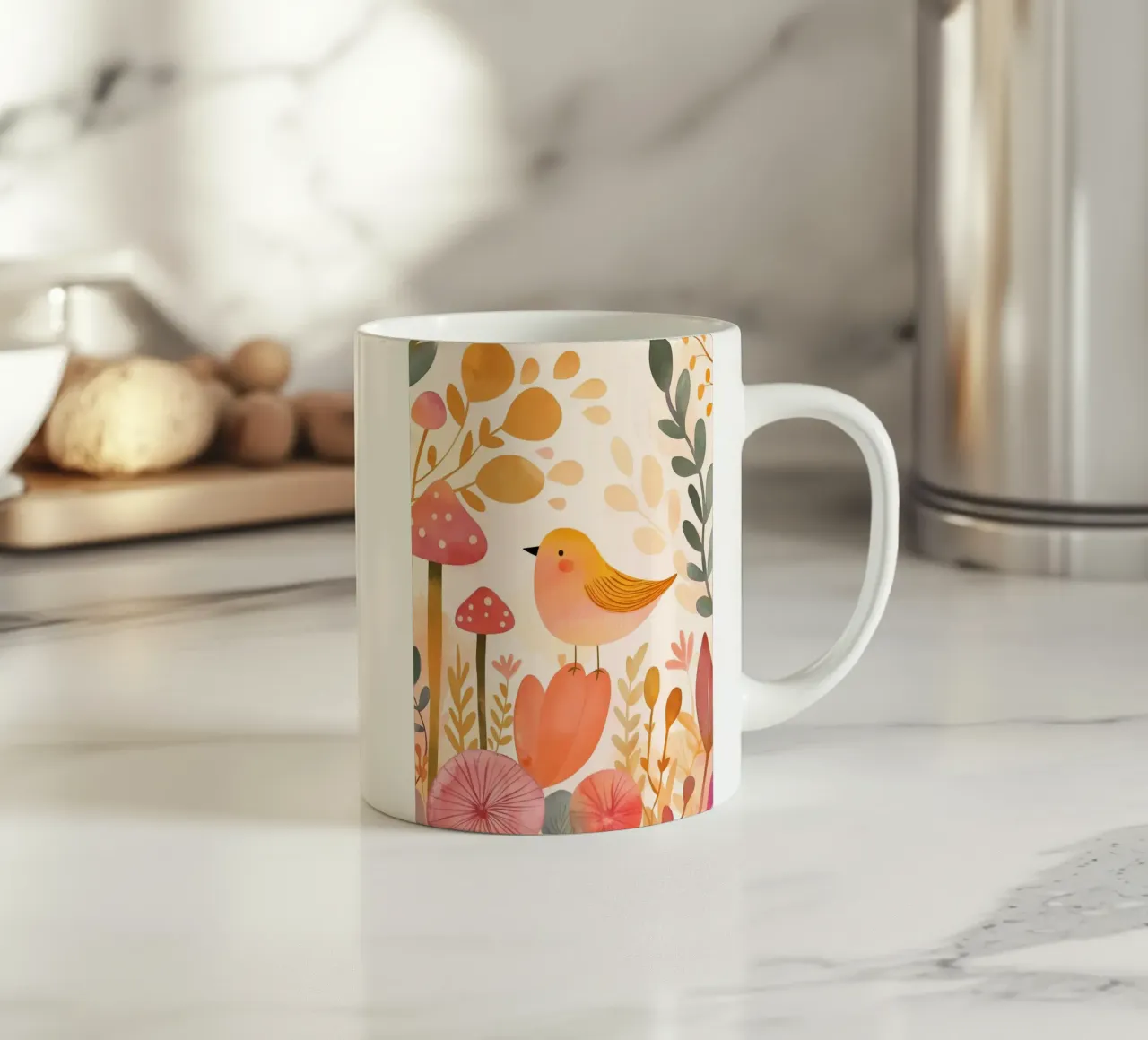 Oiseau jaune fantaisiste dans un jardin de fleurs de champignons Boho mug en céramique de Gentle Echoes Art