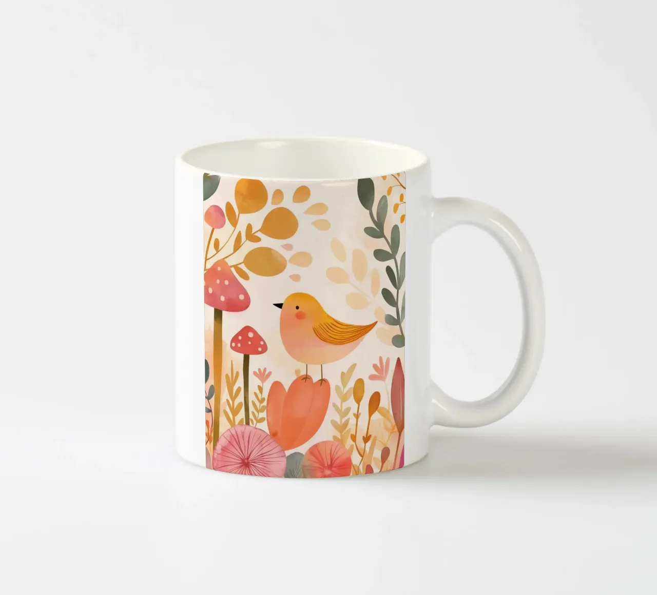 Oiseau jaune fantaisiste dans un jardin de fleurs de champignons Boho mug en céramique de Gentle Echoes Art