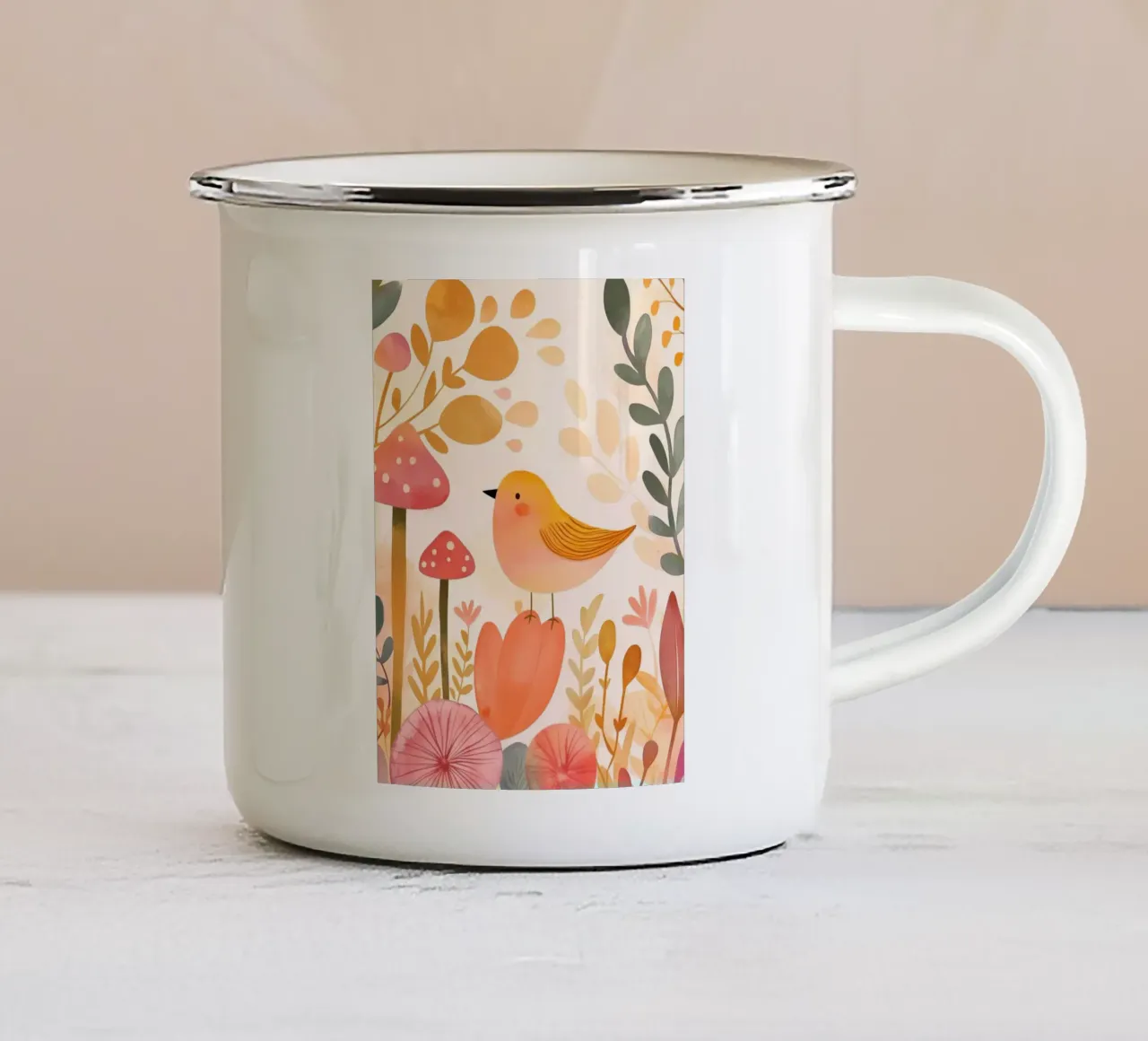 Oiseau jaune fantaisiste dans un jardin de fleurs de champignons Boho mug en émail de Gentle Echoes Art